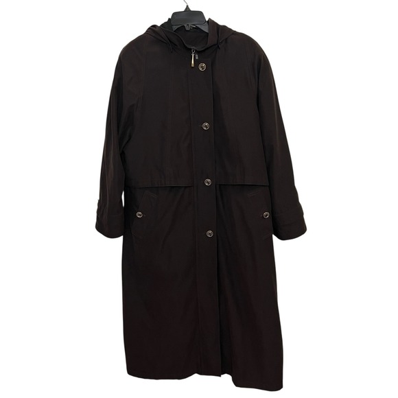 Valerie Stevens Jackets & Blazers - VTG Valerie Stevens Womens Long Hooded Trench Coat Brown Button Zip Size 12P